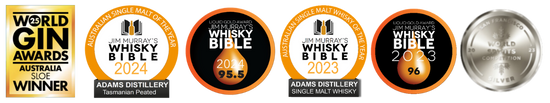 Adams Collection of awards and badges related to whisky and gin, including 'Whisky Bible' and 'World Gin Awards'.